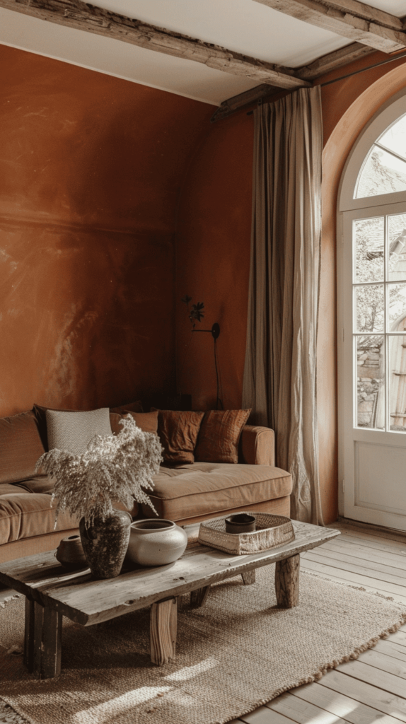 cozy black and rust living room with rust couch and wall