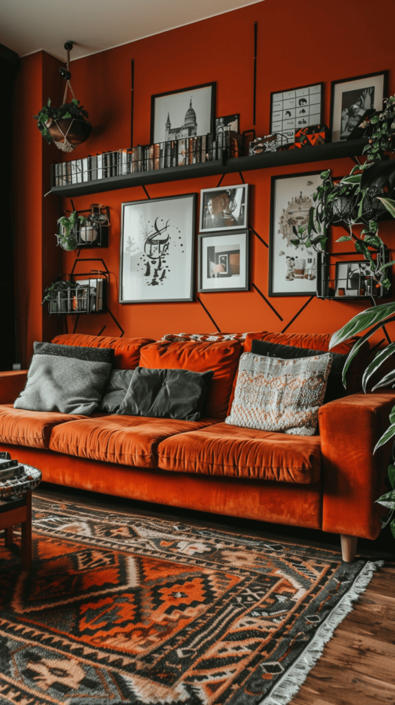 black and bright rust living room with rust couch and wall