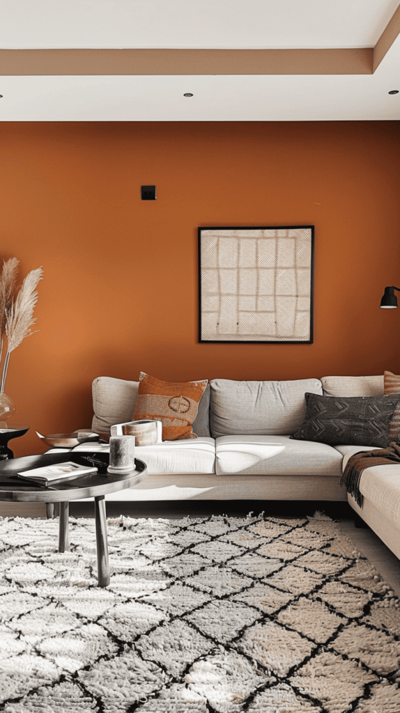 minimalist cozy black and rust living room with white couch