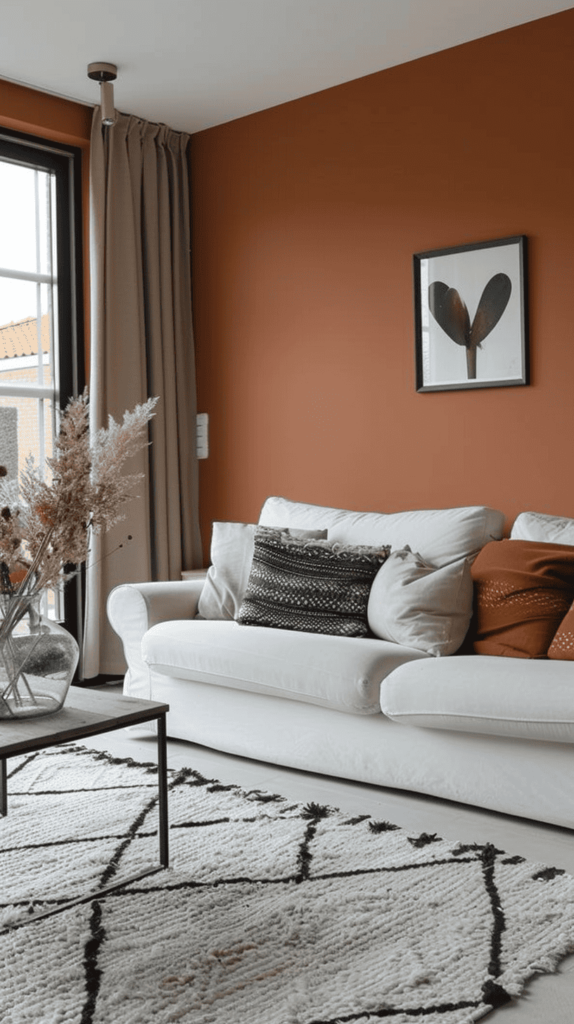 minimalist cozy black and rust living room with white couch