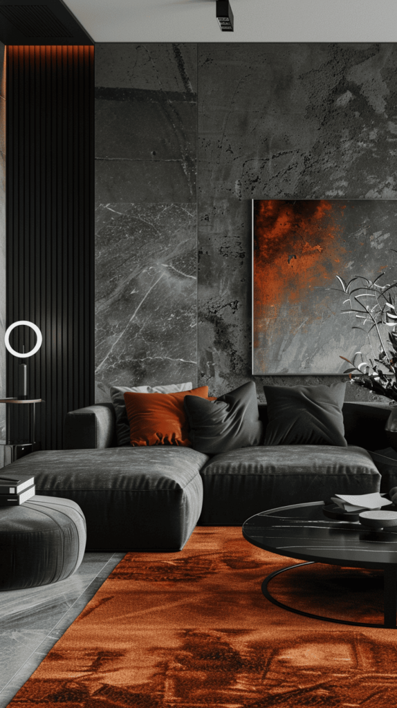 modern black and rust living room with grey wall