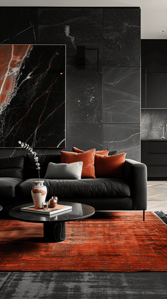 modern black and rust living room with grey wall