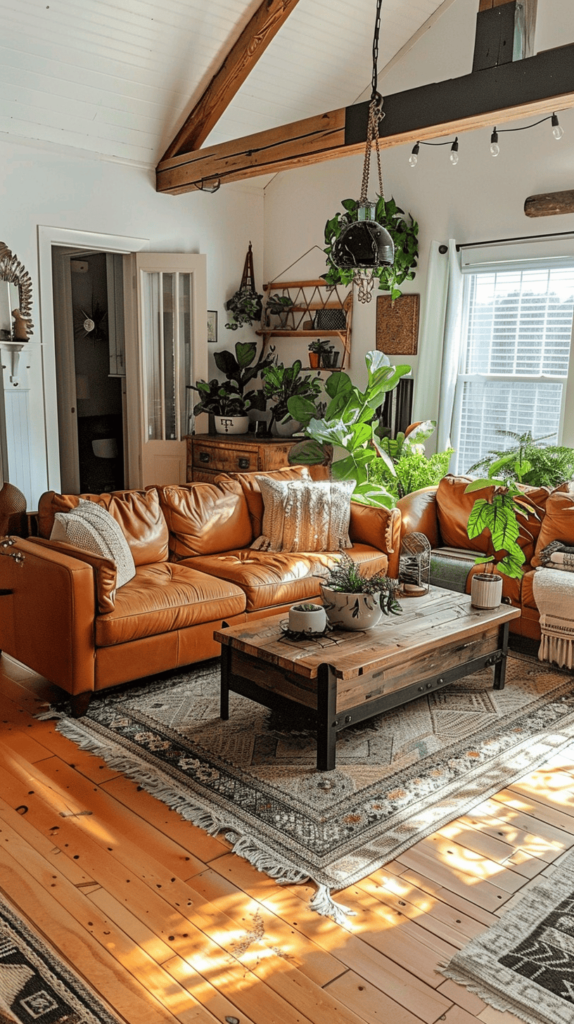 modern farmhouse black and rust living room