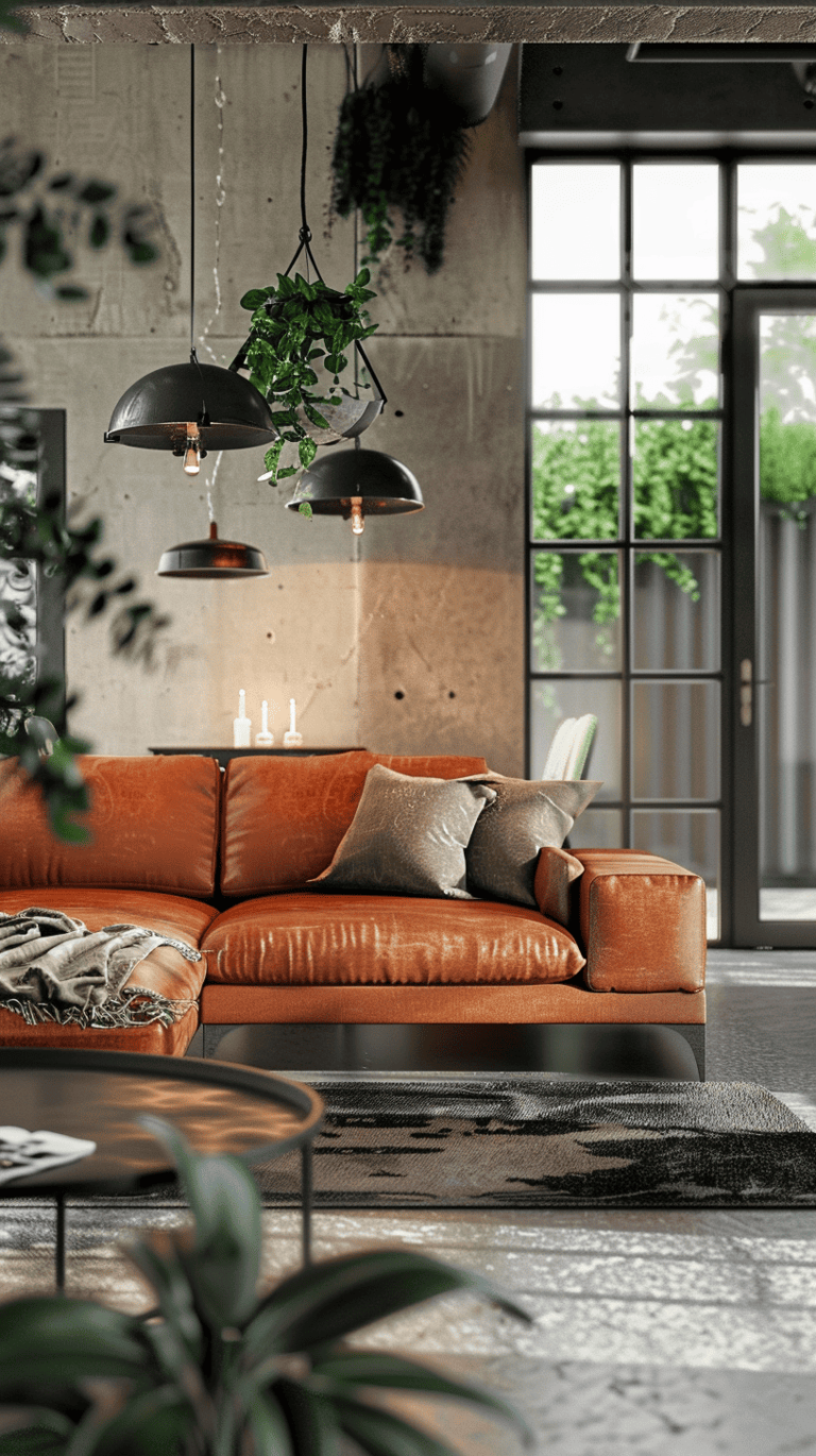 modern farmhouse black and rust living room