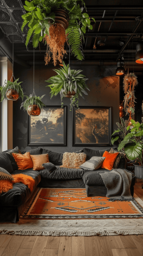 black and rust living room with hanging plants