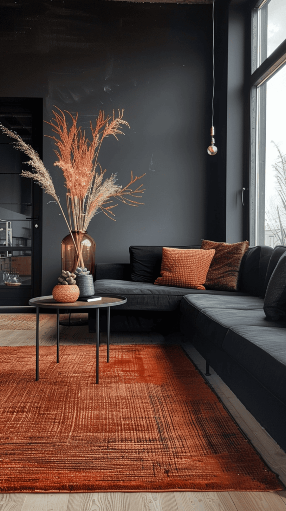 modern moody black and rust living room