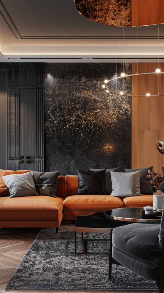 modern black and rust living room