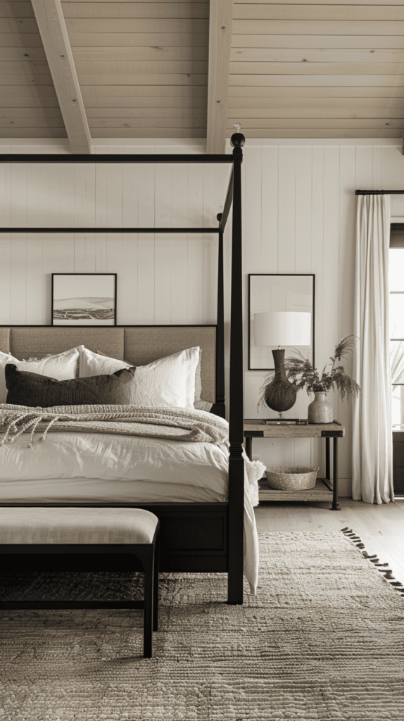 modern farmhouse neutral and black bedroom