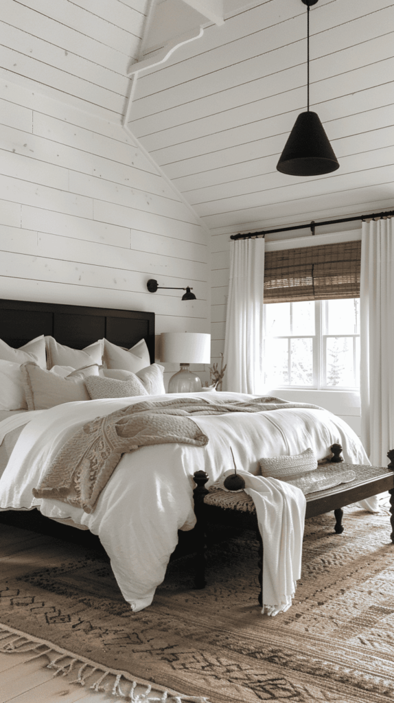 modern farmhouse neutral and black bedroom
