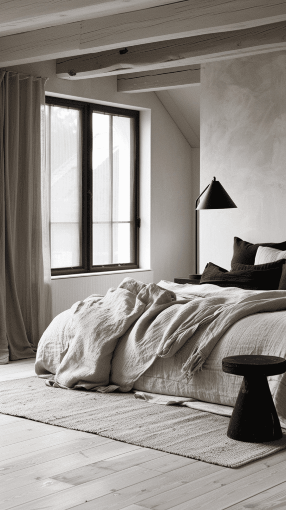 minimalist neutral and black bedroom