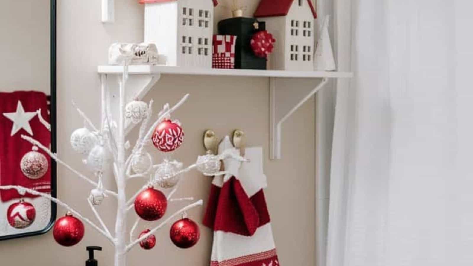 bathroom christmas decor red and white decor on shelves1resized