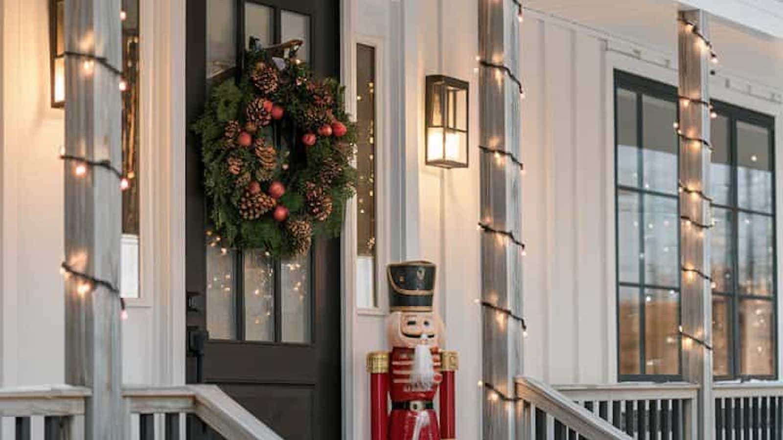 front porch christmas decor with a nutcracker by the door2