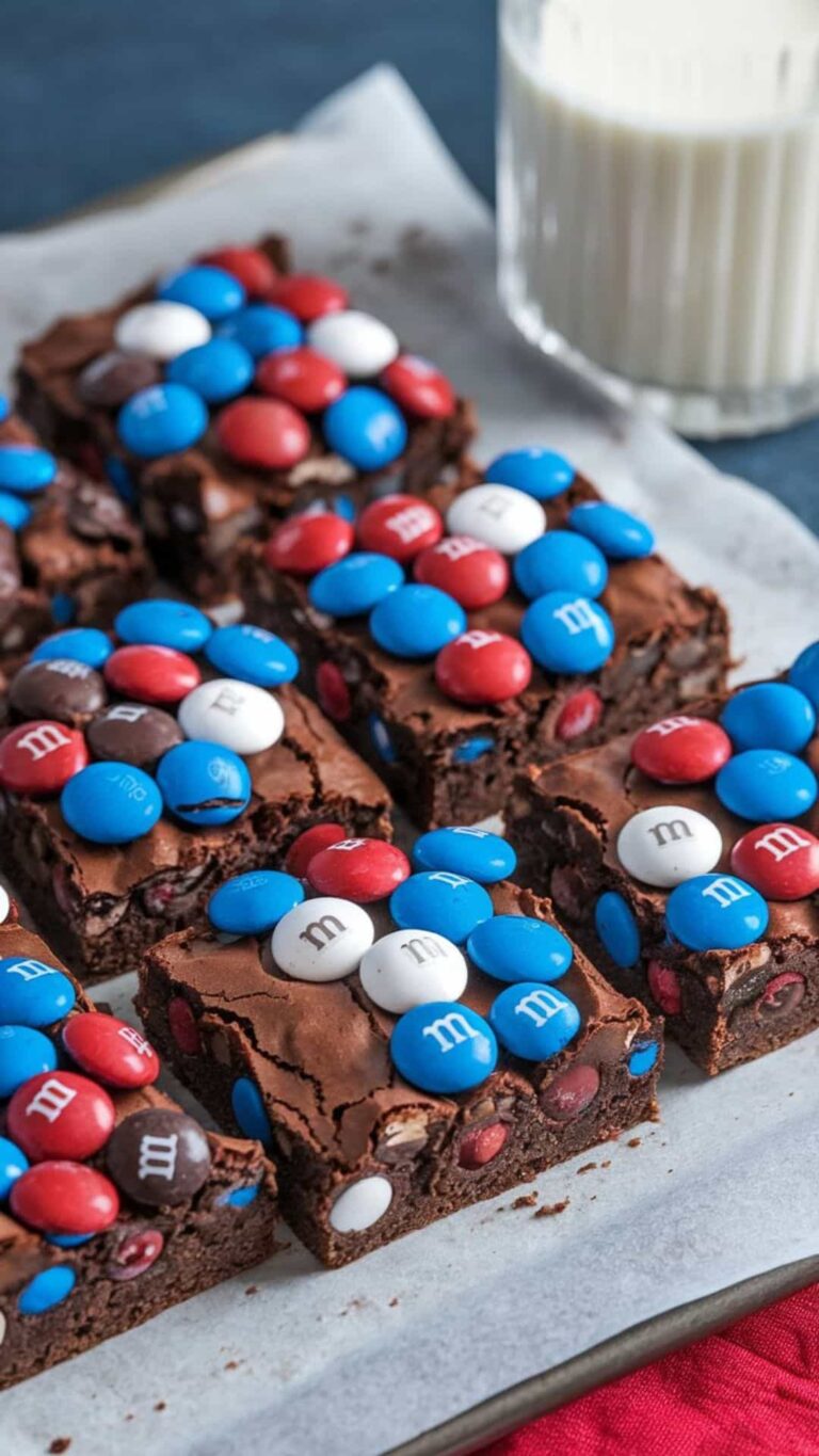 Delicious Fourth of July Brownies with Red, White, and Blue M&Ms