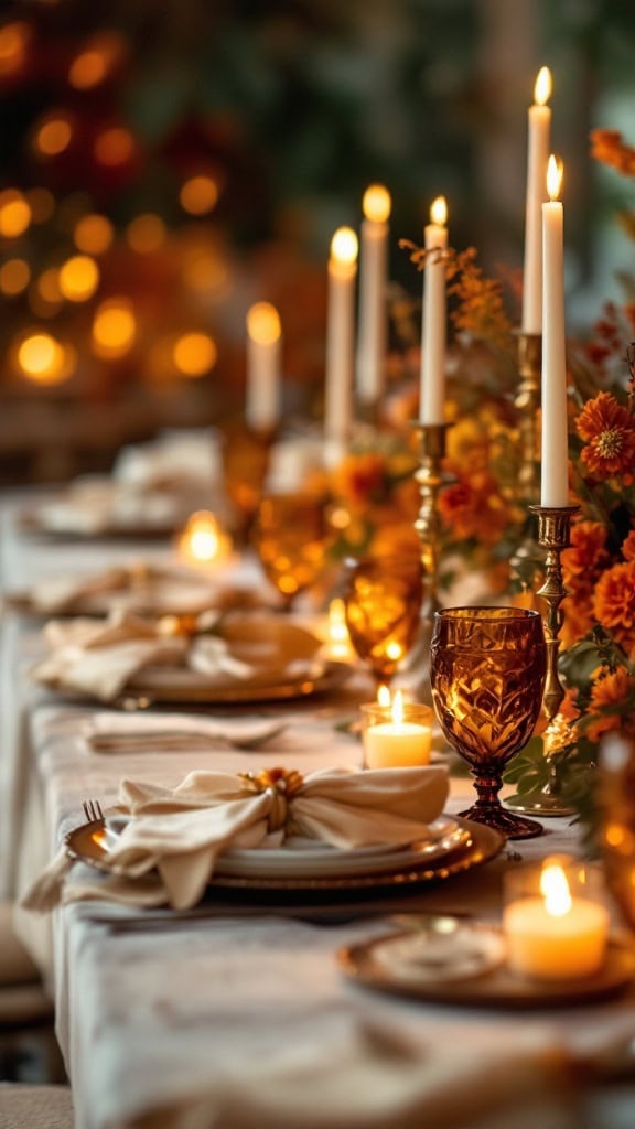 A beautifully decorated wedding table featuring amber glassware, candles, and warm floral arrangements.