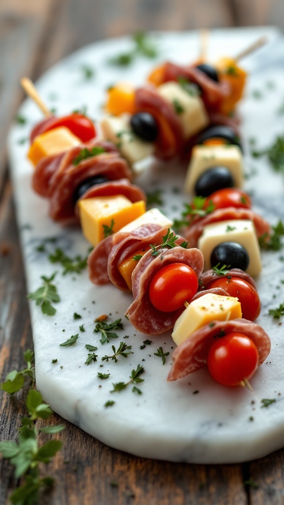 Antipasto skewers with salami, cheese, cherry tomatoes, and olives on a platter.