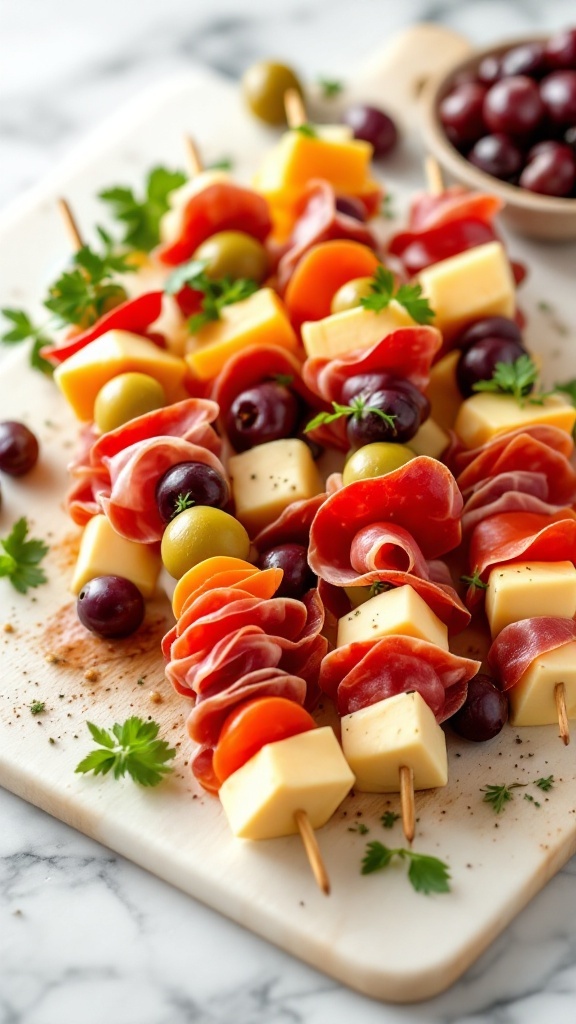 Antipasto skewers featuring olives, cheese, and cured meats arranged on a serving platter.