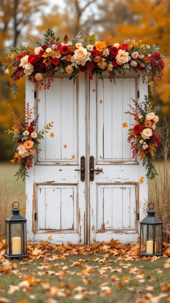 Antique door arch decorated with autumn flowers, surrounded by leaves and lanterns