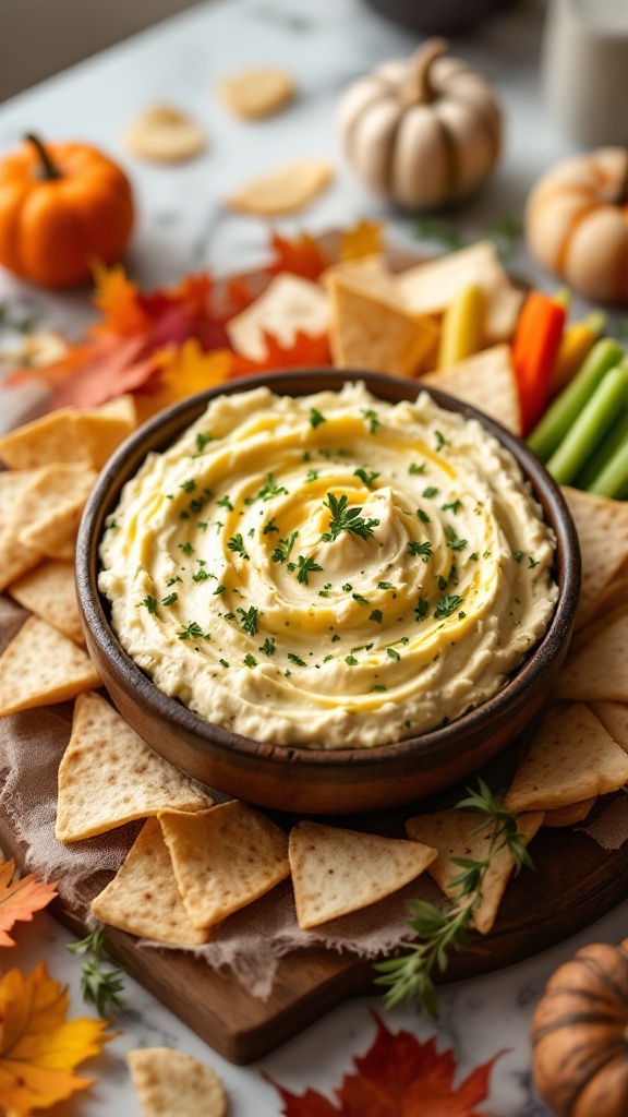 Delicious artichoke dip served with chips and veggies