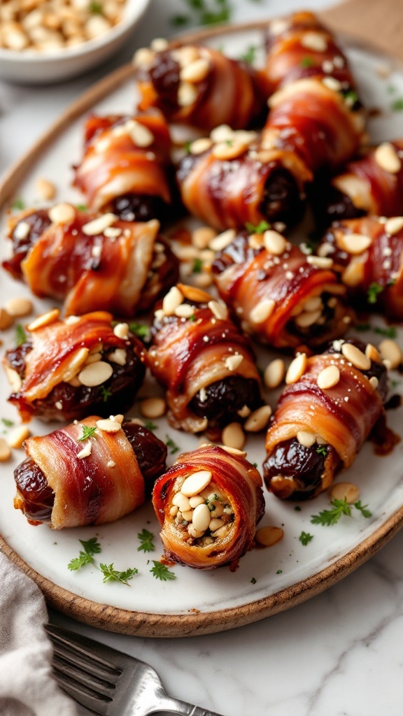 Bacon-wrapped dates stuffed with almonds on a platter