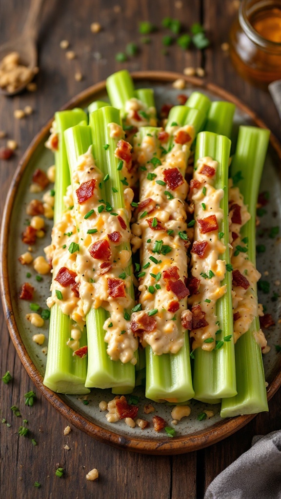 Delicious bacon and cheese stuffed celery sticks