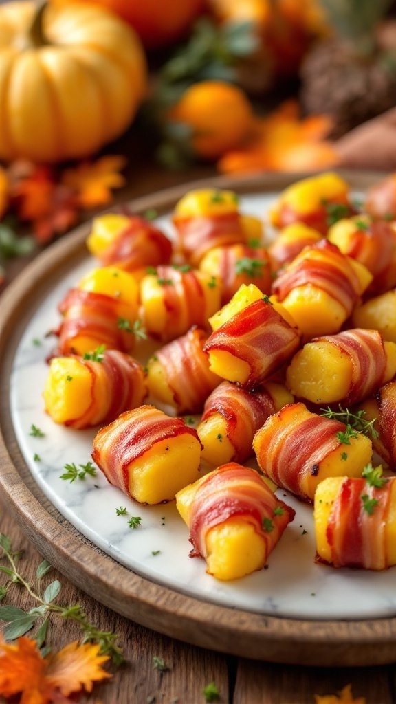 Bacon Wrapped Pineapple Bites on a platter