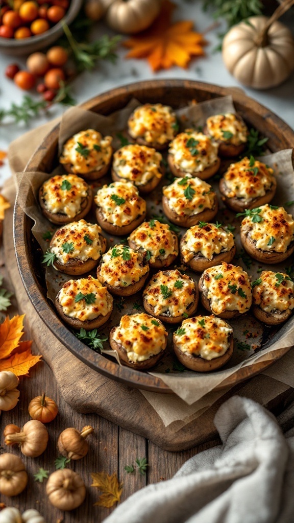 A platter of Boursin stuffed mushrooms topped with herbs and breadcrumbs.