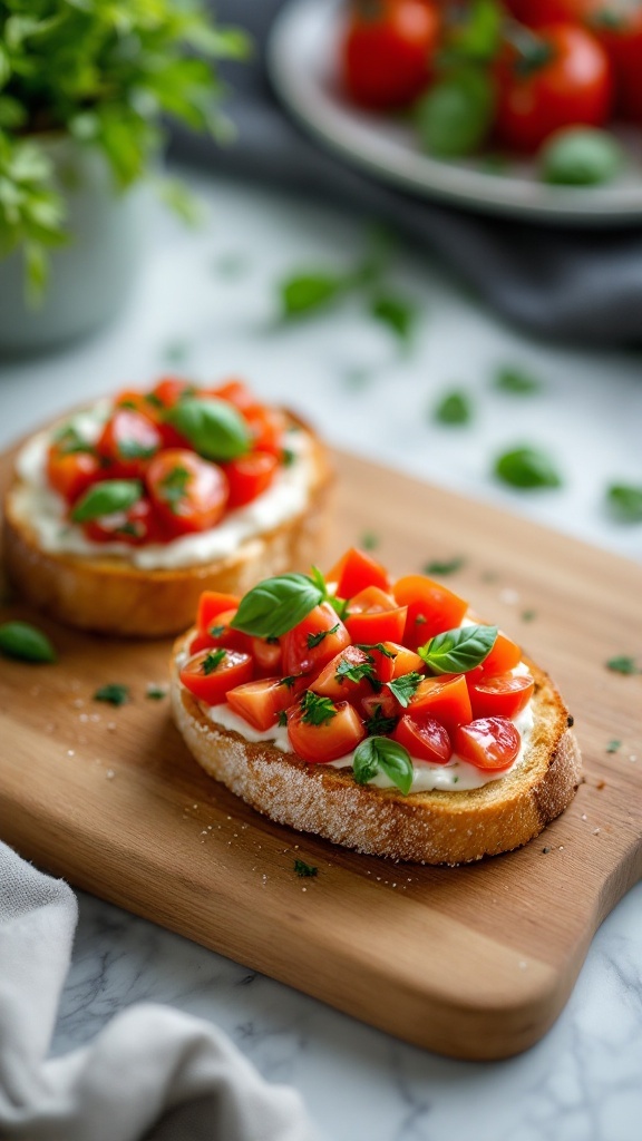 Bruschetta topped with diced tomatoes and fresh basil on toasted bread.