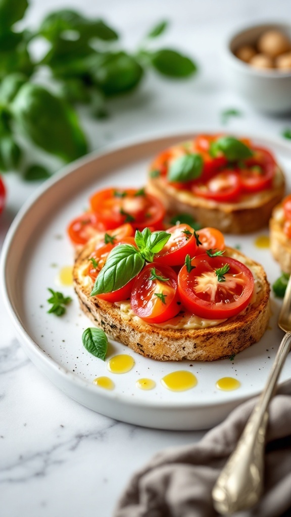 Bruschetta topped with fresh tomatoes and basil on toasted bread slices