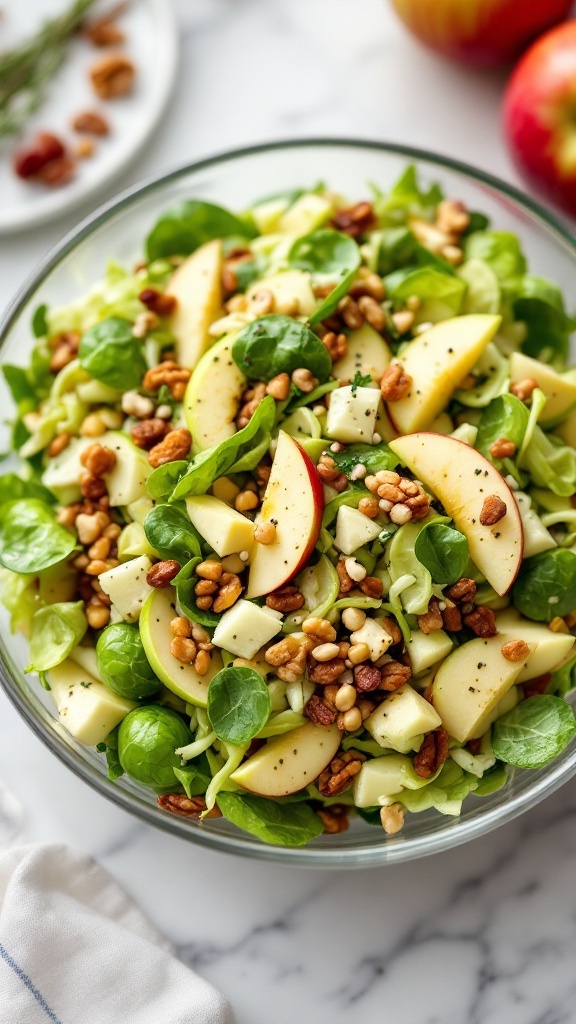 A bowl of Brussels Sprout Slaw with Apples, featuring fresh greens, apple slices, walnuts, and raisins.