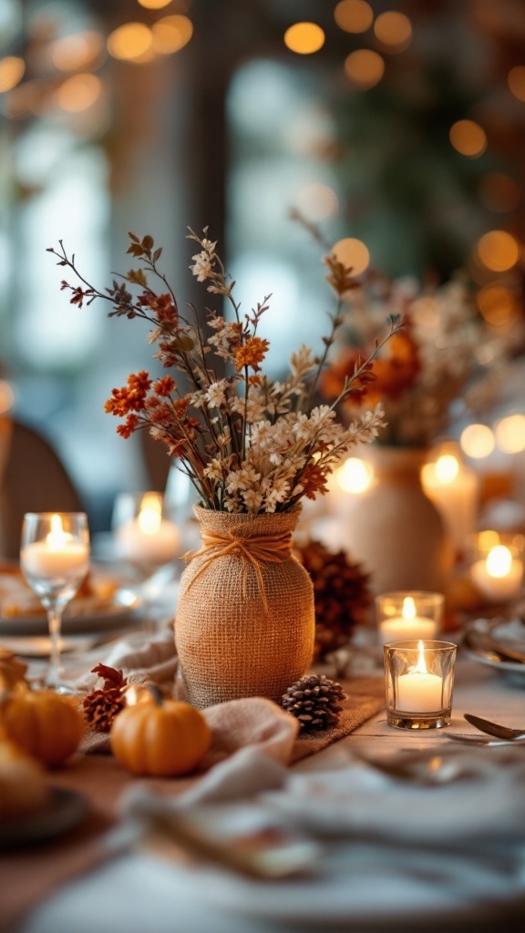 A wedding table setting featuring burlap and burnt orange fabric wrapped around centerpiece vases, surrounded by candles and autumn-themed decorations.