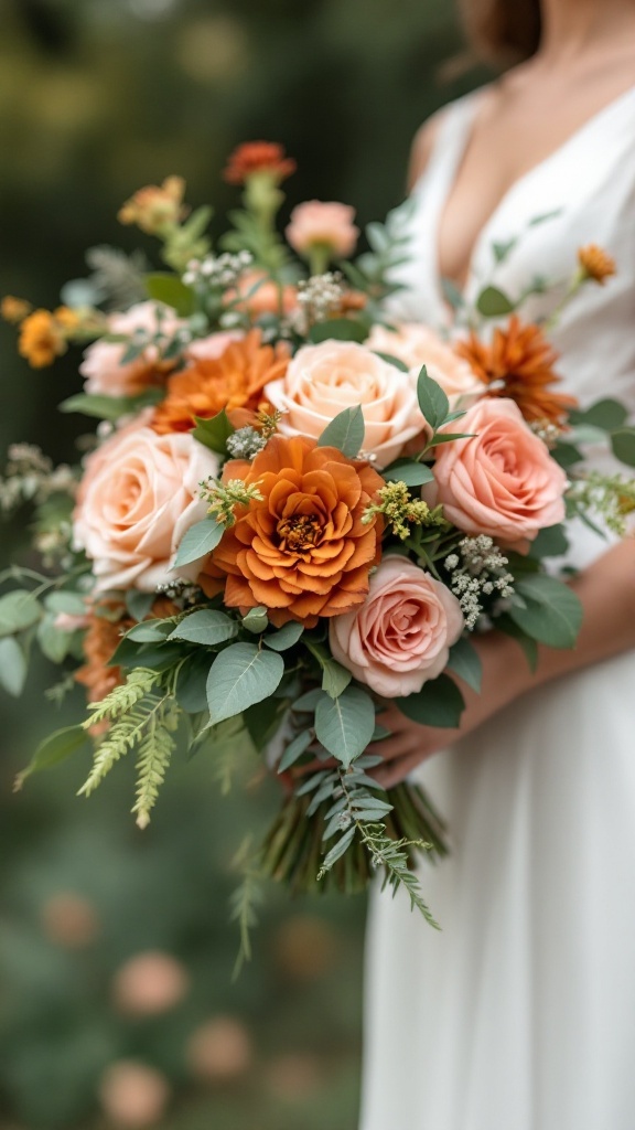 A bouquet featuring burnt orange and blush pink flowers