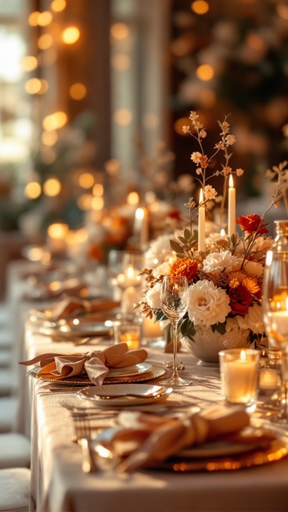 A beautifully set table featuring burnt orange floral arrangements and champagne-colored decor.