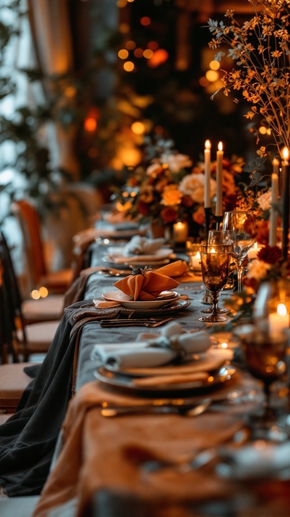 A beautifully decorated wedding table featuring burnt orange and charcoal gray elements.