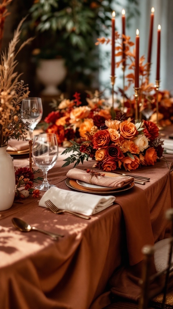 A wedding table setting featuring burnt orange and deep burgundy colors, with floral arrangements, candles, and elegant tableware.