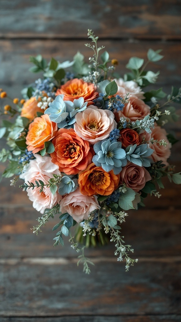 A bouquet with burnt orange and dusty blue flowers, set against a wooden background.