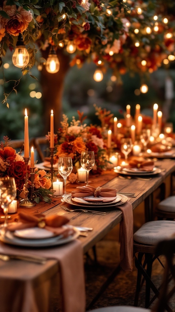 A beautifully decorated wedding table featuring burnt orange and gold elements