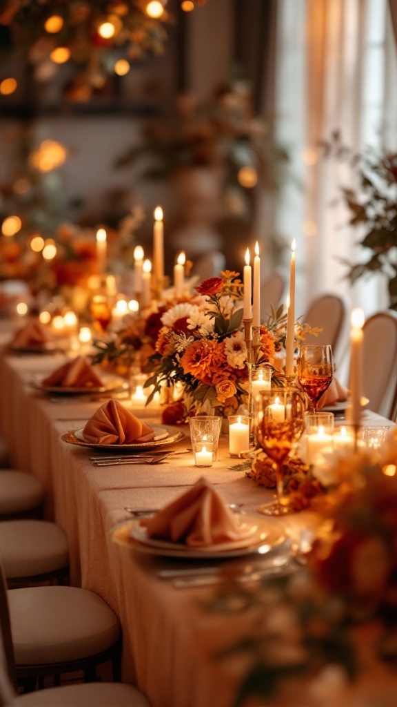 A beautifully decorated wedding table with burnt orange and ivory colors, featuring floral arrangements, candles, and elegant table settings.