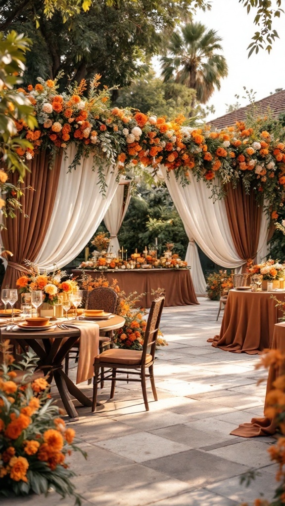 A beautiful wedding setup featuring burnt orange and mocha brown decor.