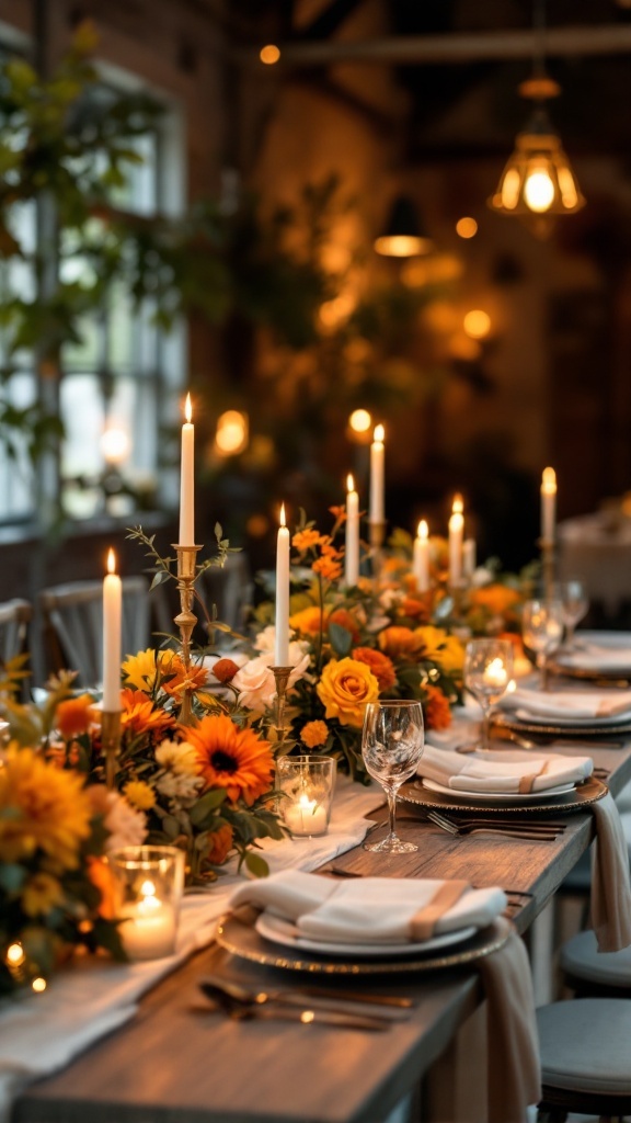 A beautifully decorated wedding table with burnt orange and mustard yellow flowers, candles, and elegant tableware.