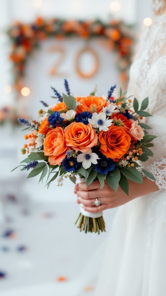 A bouquet of vibrant burnt orange and navy blue flowers held by a bride.