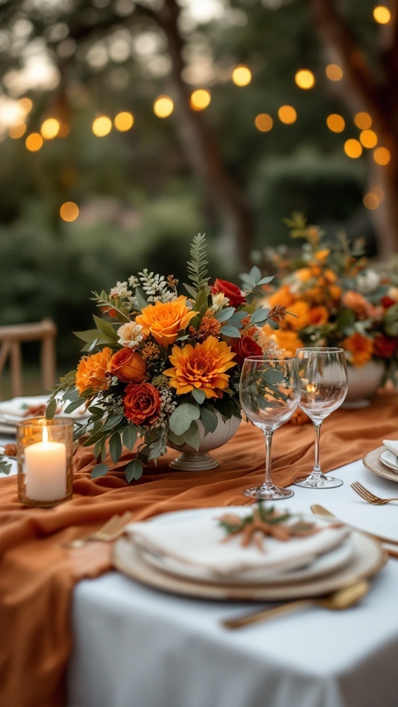 A beautifully decorated wedding table featuring burnt orange and olive green elements, with flowers, candles, and elegant glassware.