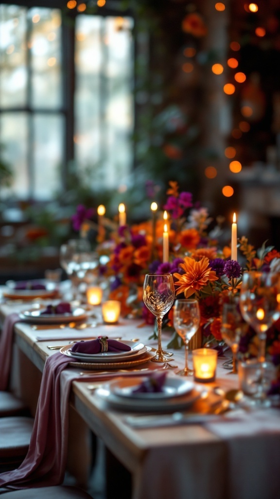 A beautifully decorated wedding table featuring burnt orange and plum purple elements.