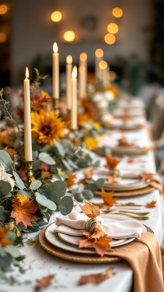 A beautifully arranged wedding table featuring burnt orange and sage green elements, with candles and autumn leaves.