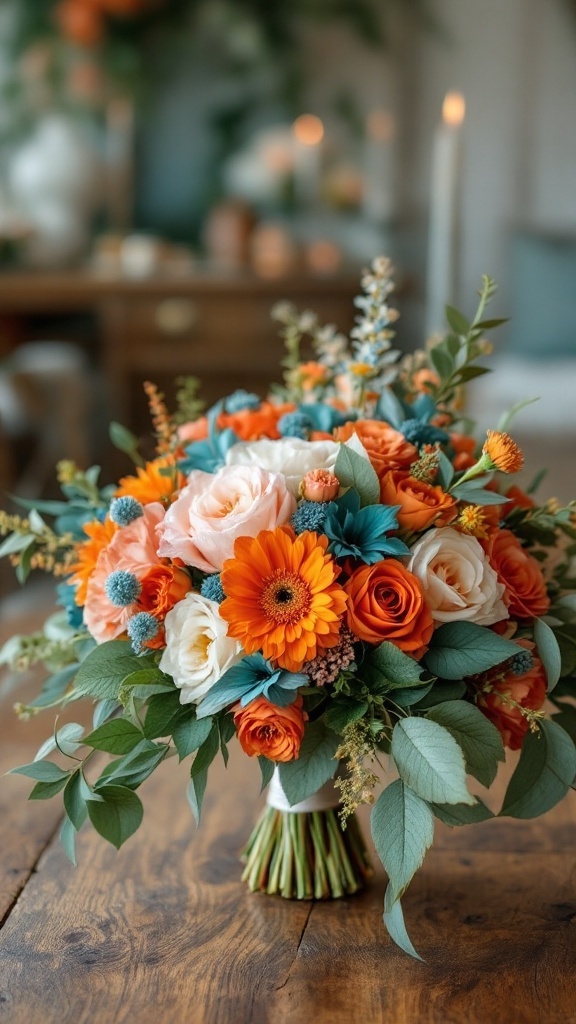 A vibrant bouquet featuring burnt orange and teal flowers