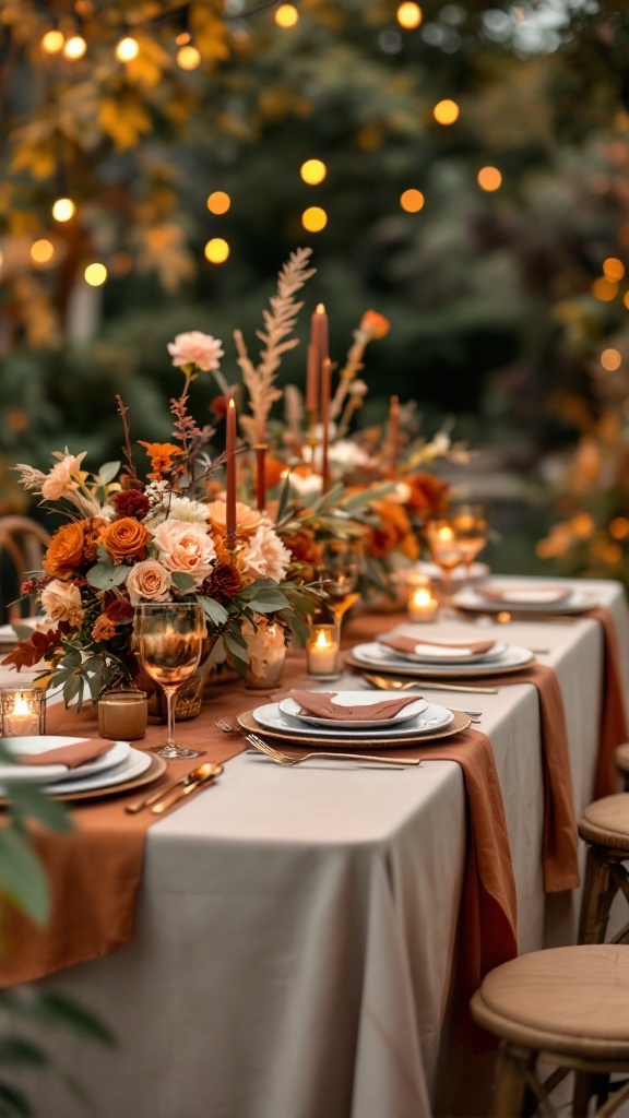 A beautifully set wedding table featuring burnt orange and terracotta colors with floral arrangements and warm lighting.