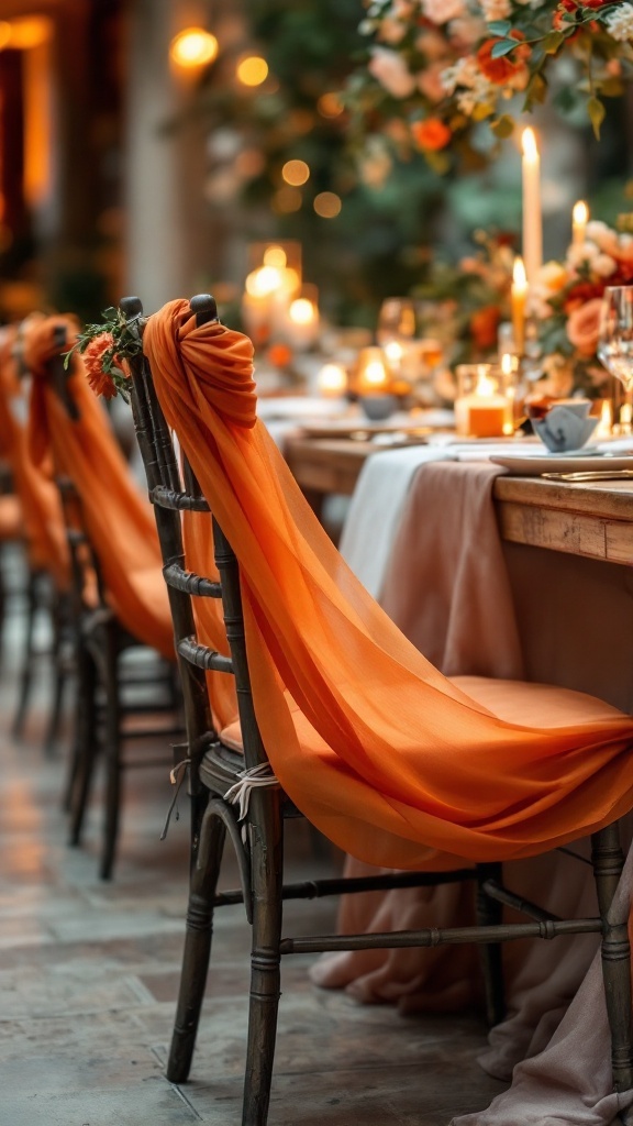 Chair backs decorated with burnt orange chiffon draping at a wedding reception.