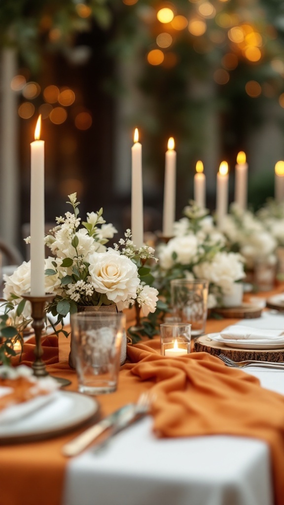 Burnt orange linen table runners with white flowers, candles, and elegant tableware