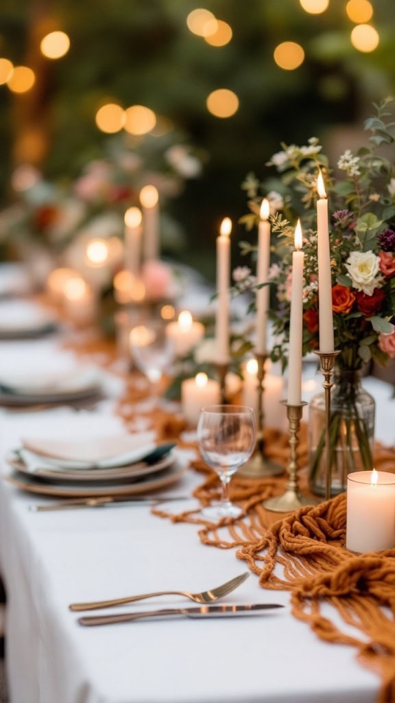 A beautifully decorated wedding table featuring a burnt orange macramé runner, candles, and floral arrangements.