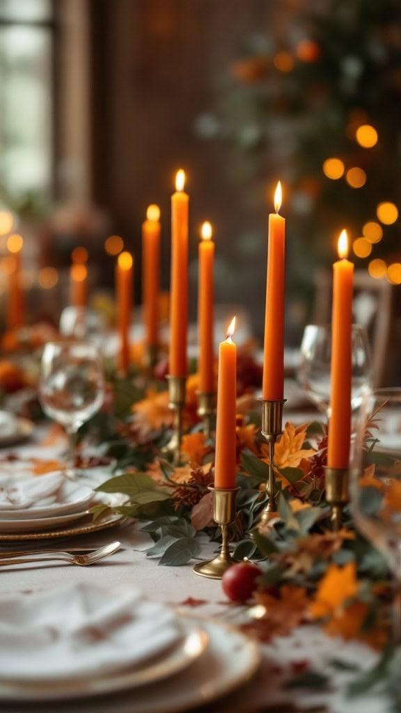 Burnt orange taper candles in brass holders on a wedding table