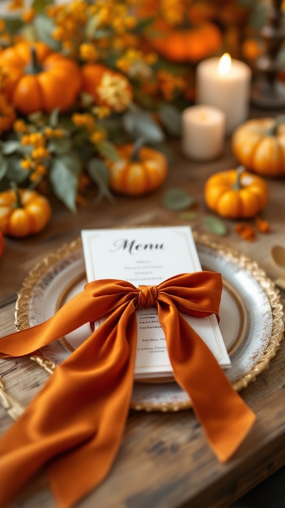 Burnt orange velvet ribbon tied around elegant menu cards, surrounded by autumn decorations.